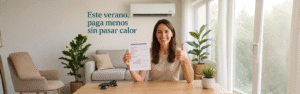 Mujer sonriente revisando su factura de luz en verano, con aire acondicionado encendido en modo ECO